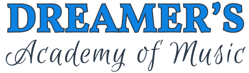 Text logo for Dreamer's Academy of Music with the words 'DREAMER'S' in large blue letters and 'Academy of Music' in smaller cursive black letters.