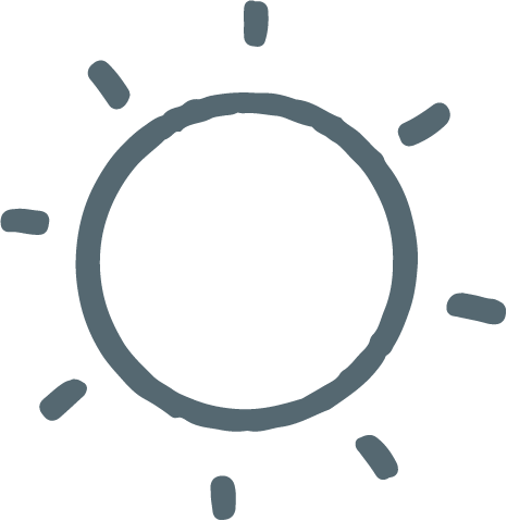 A minimalist graphic of a sun with a circle in the center and short lines radiating outward, representing sunlight.