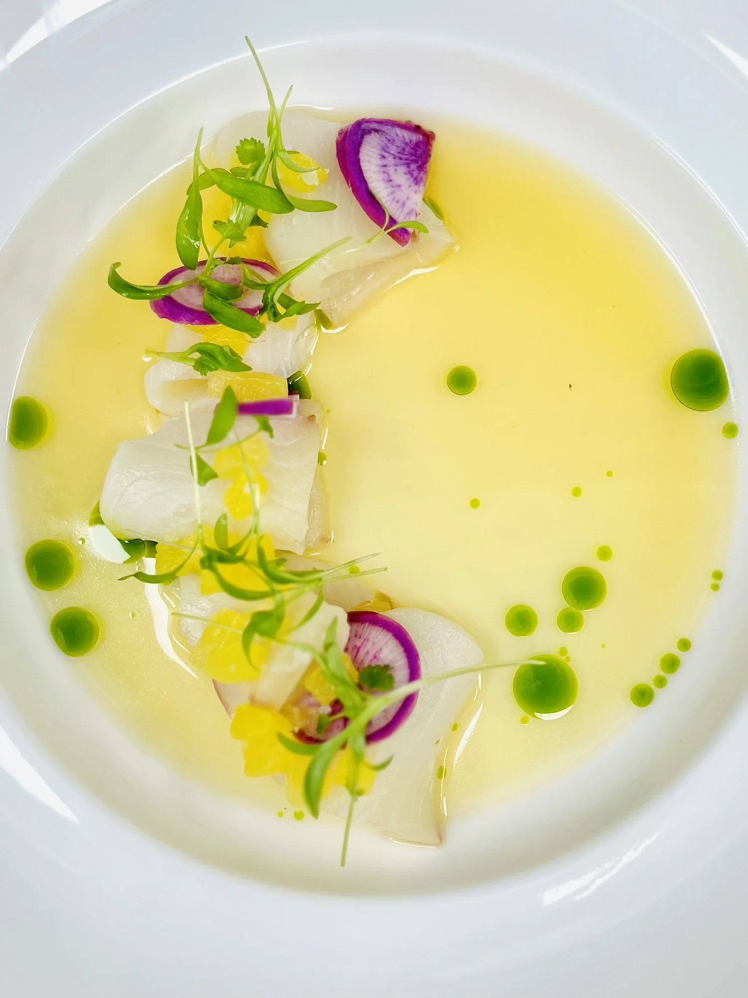 Hamachi Crudo, Fermented Pineapple Broth, Compressed Pineapple, Ninja Radish, Drizzled with Cilantro Oil 