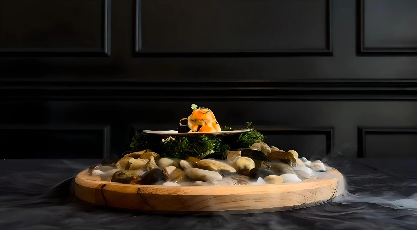 Pan Seared Scallop, 24 Hour Smoked Pork Shoulder, Carrot Gelle, topped with a Sweet Corn Foam