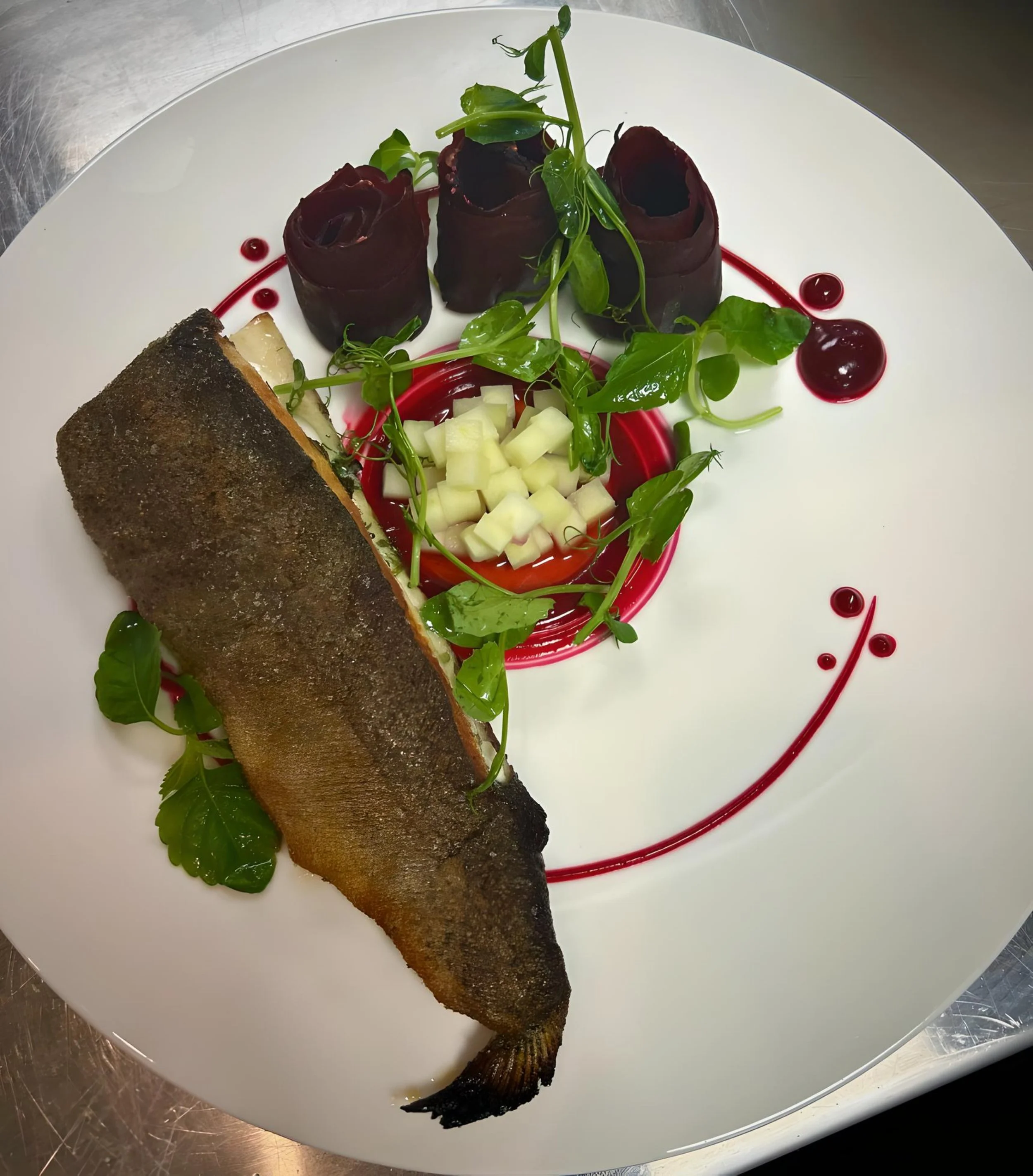 Seared Trout filled with Trout and Fine Herb Farse, Beet Gel, Beet Gastrique, Roasted Green Apple, Beet Roses