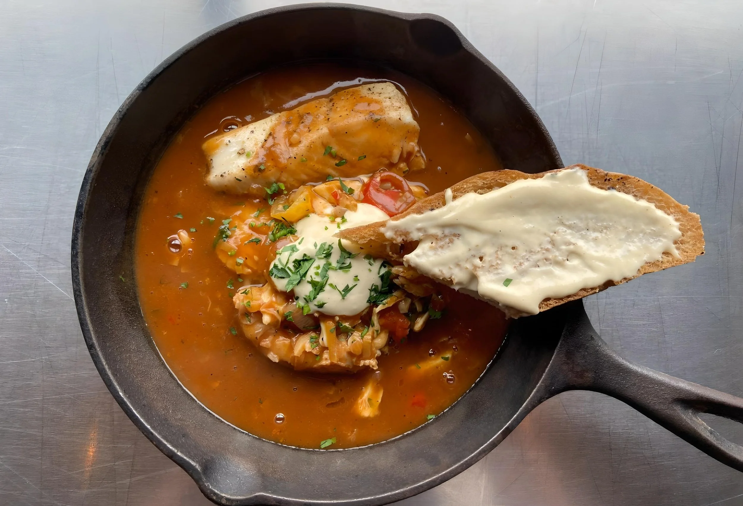 Shellfish Fumet, Halibut, Calaspara Risotto, Creme Fraiche, French Baguette, Whipped Butter