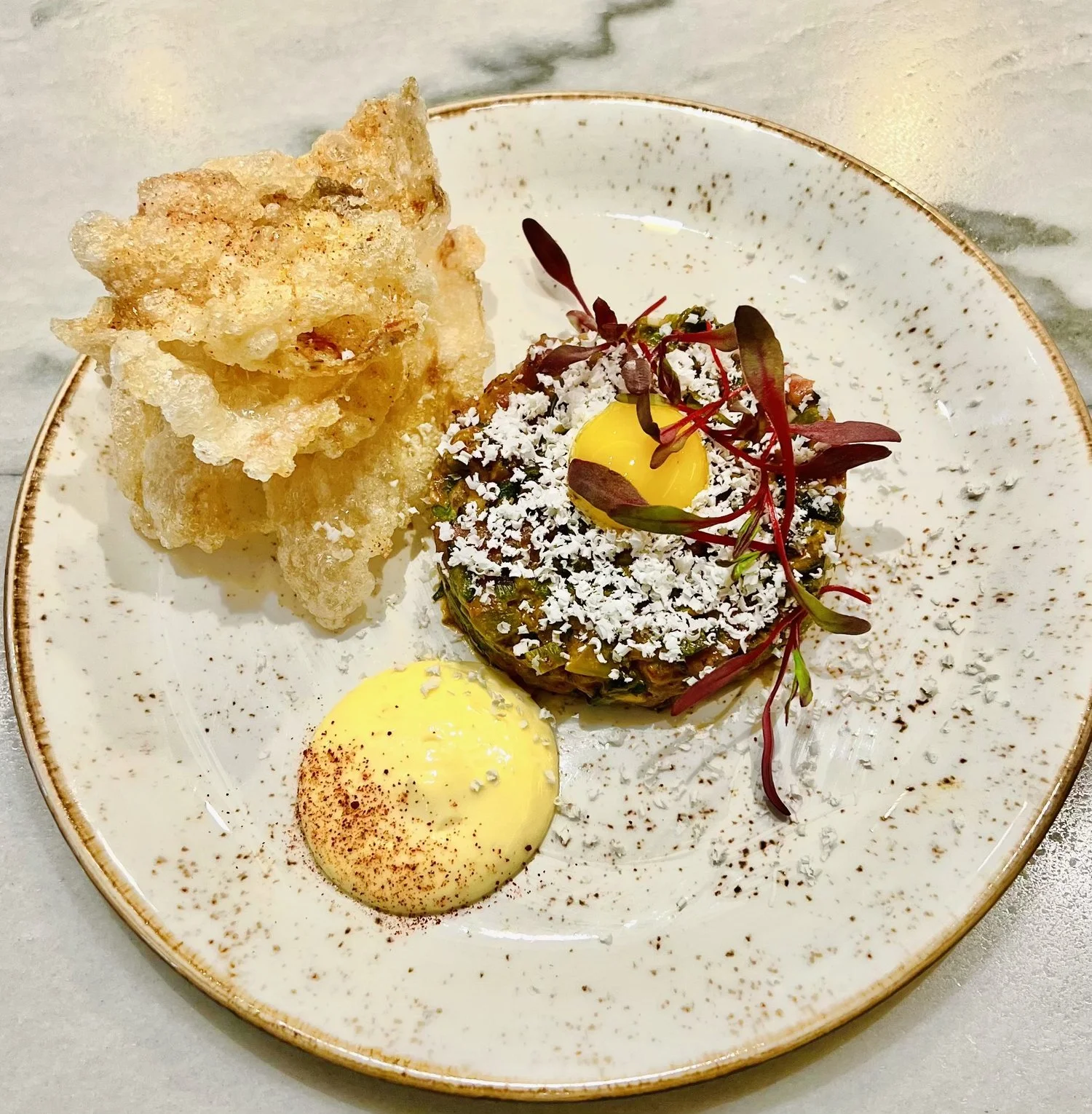 Bison Tartare, Chicharron, Espelette Lemon Aioli topped with a Quail Egg Yolk and shaved Bone Marrow Snow