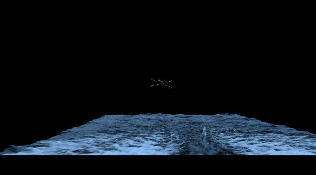 View from a boat at night showing a satellite orbiting in space above the water, with moon and stars in the sky.