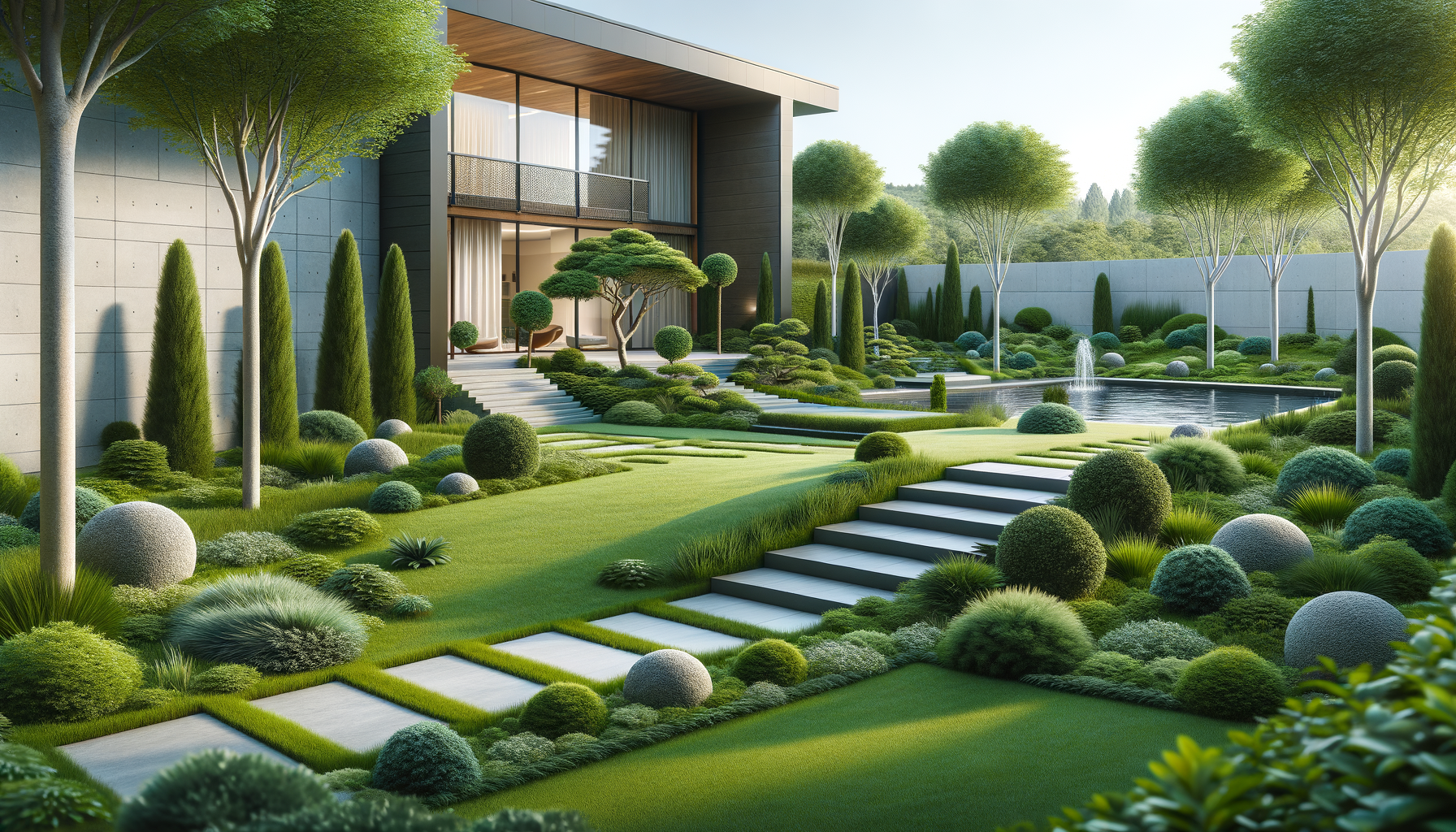 Modern backyard with manicured lawn, stepping stones, trimmed bushes, and trees, featuring a pond with a fountain and a multi-level patio area with seating.