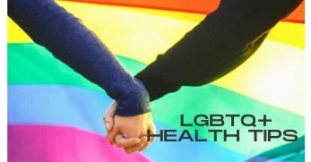 Two people holding hands over a rainbow flag background with text 'LGBTQ+ HEALTH TIPS'.