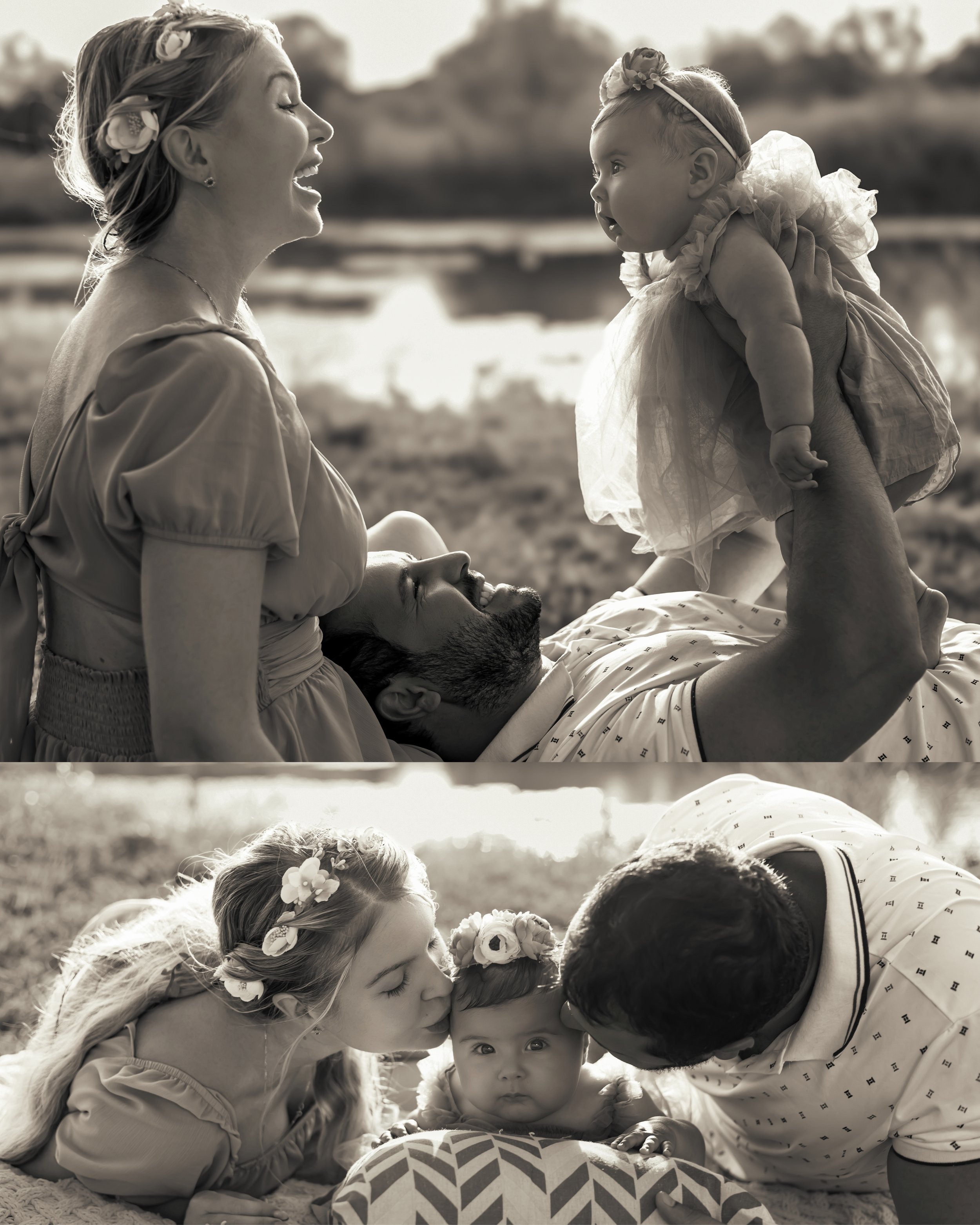 Family at the beach enjoying a moment. Woman and man with two young children, one girl and one boy, all wearing summer clothing and floral headbands. The girl leans in close to the boy, who is looking at the camera.