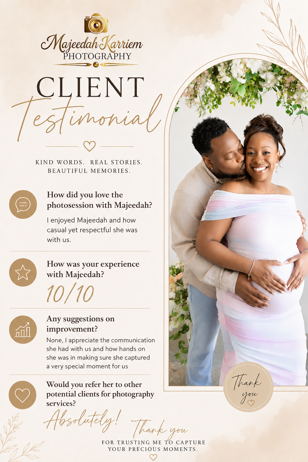 Client testimonial for Majeedah Karriem Photography featuring a happy pregnant woman being embraced by her partner, with floral decorations above them.