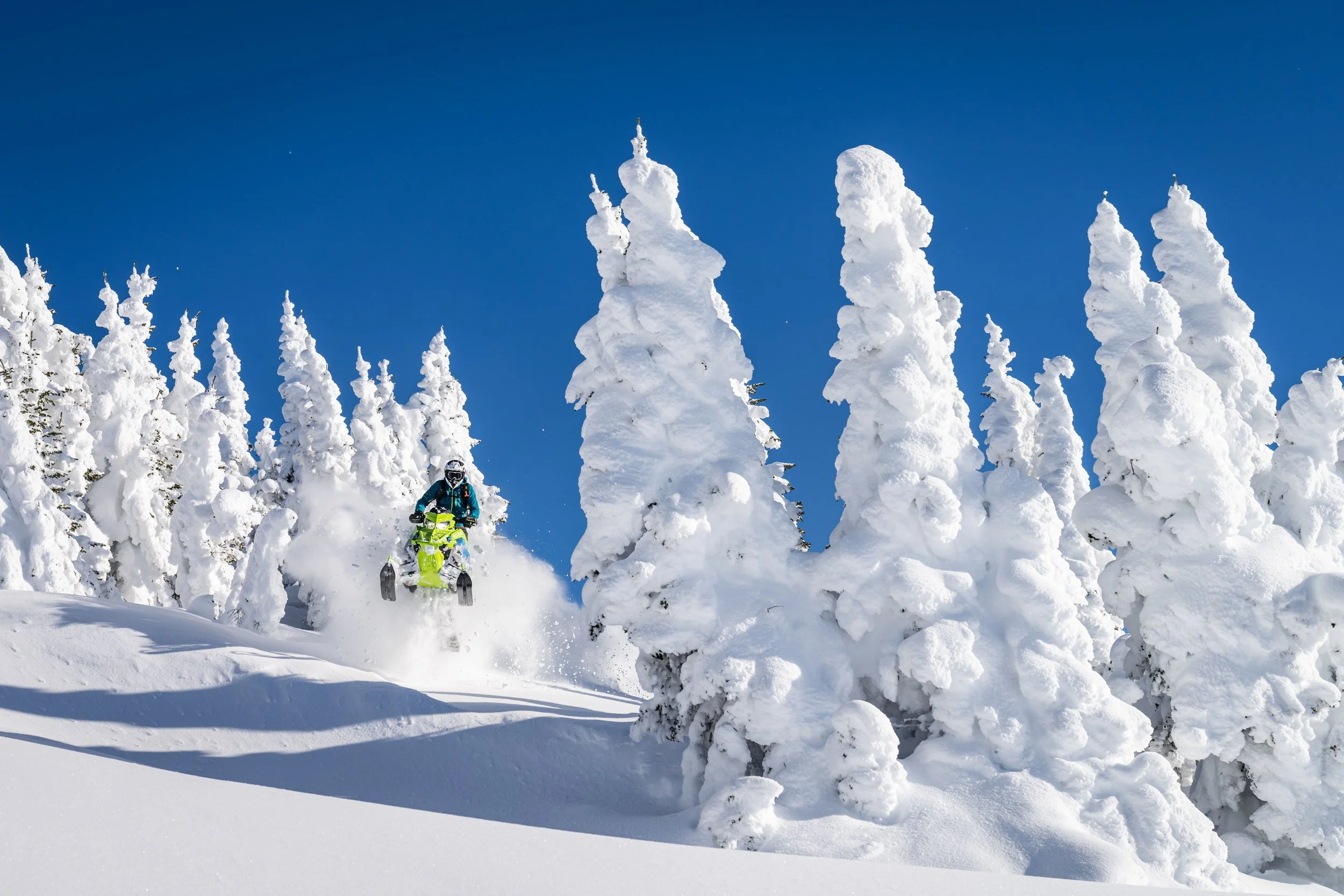A person riding a snowmobile through a snow-covered forest under a clear blue sky.