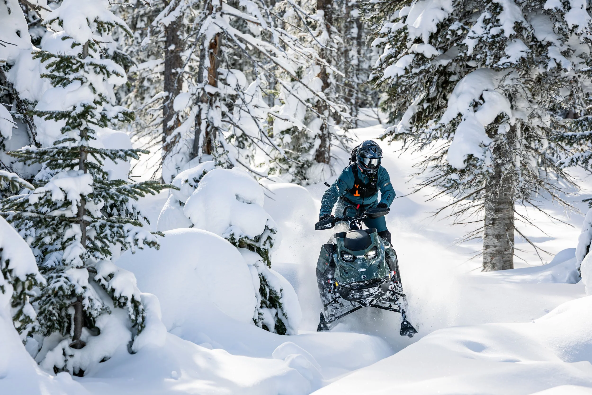 A person riding a snowmobile through a snow-covered forest with tall trees.
