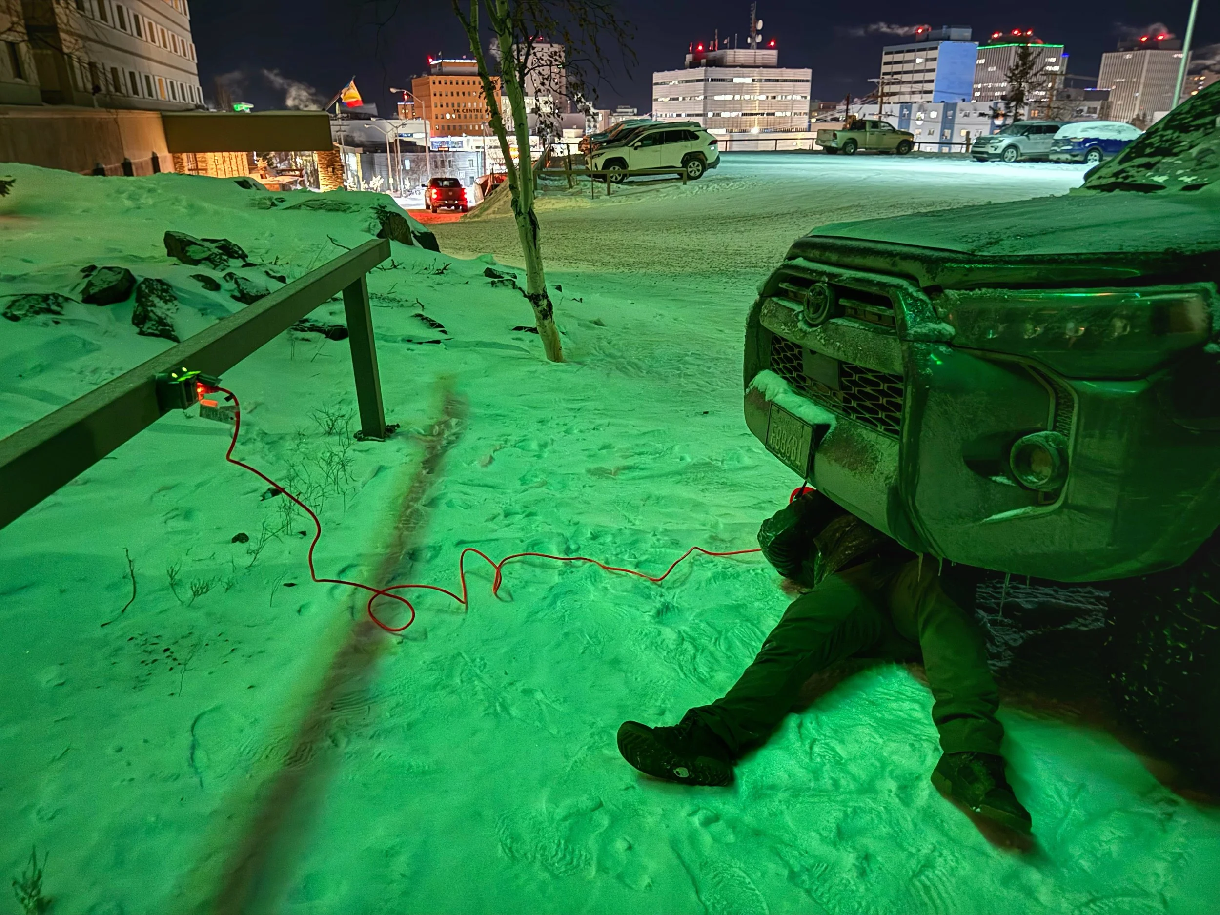 Getting the truck (aka. Black Ox) started in -35F, Yellowknife, Northwest Territories, January 2024