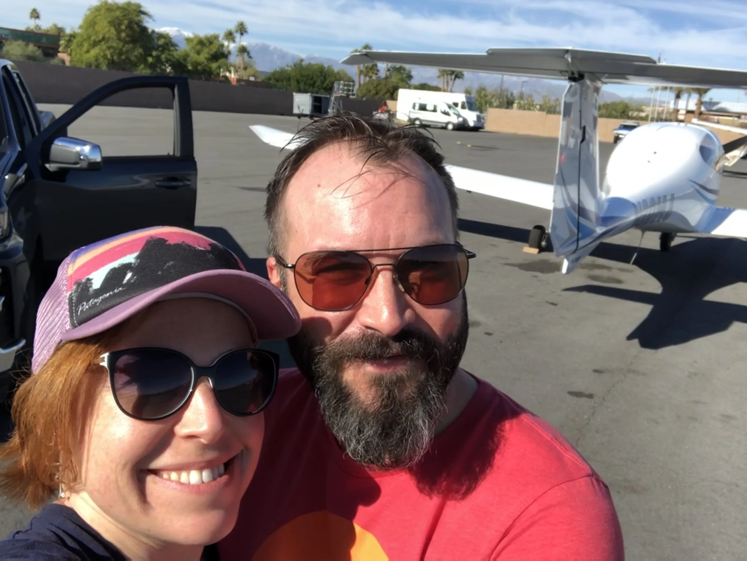 Erik flying Annemarie down to Palm Springs for her 40th birthday solo camping trip, January 2020