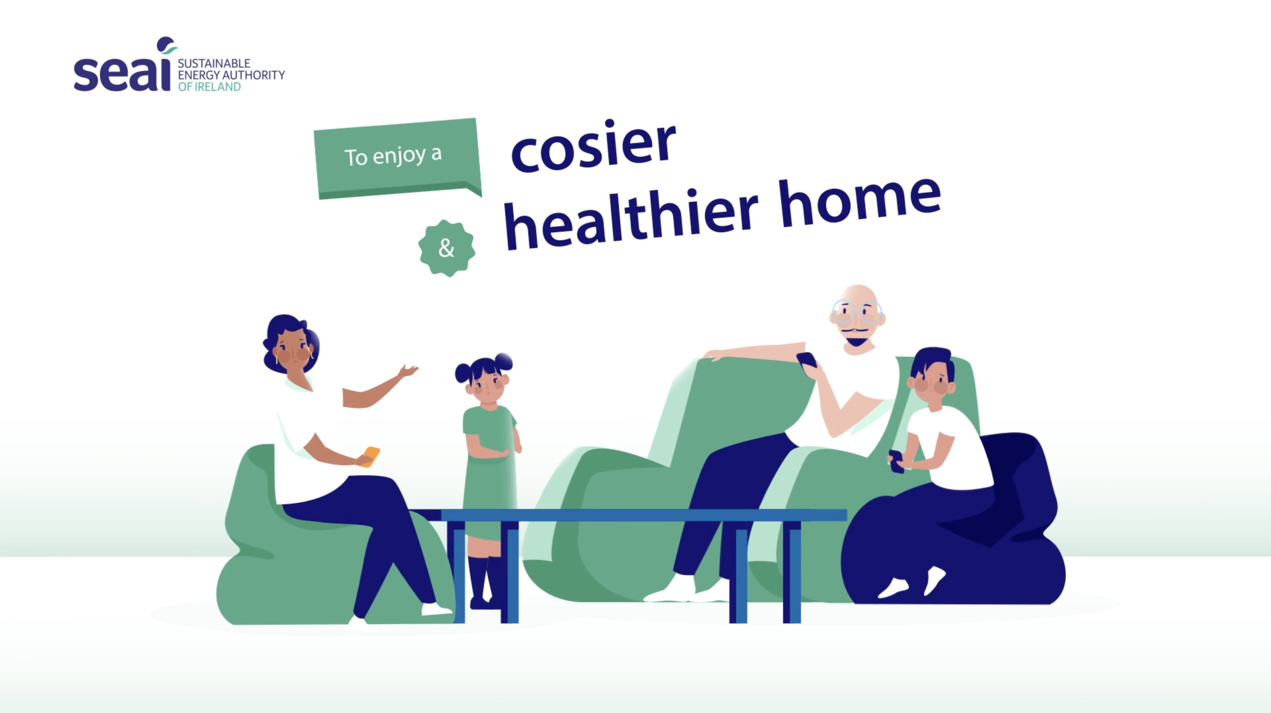 Digital illustration of a family sitting together in a living room, using smartphones, with a woman, a girl, a man, and a boy, promoting healthier and more eco-friendly home habits, with the logo of the Sustainable Energy Authority of Ireland in the top left corner.