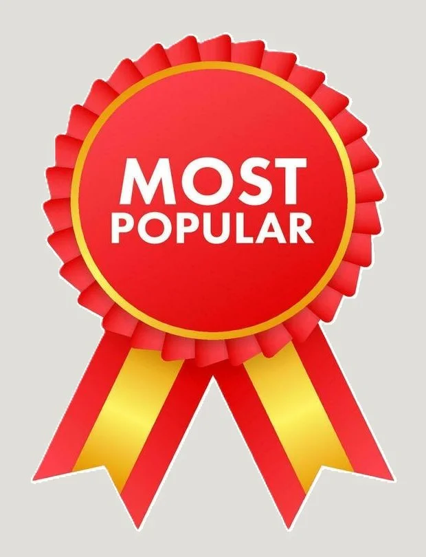 A red award ribbon with yellow accents and the words "Most Popular" in white text inside a circular center.