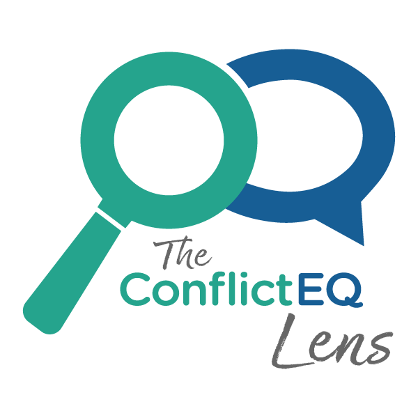 Logo featuring a magnifying glass and speech bubbles with the text: 'The Conflict EQ Lens'.
