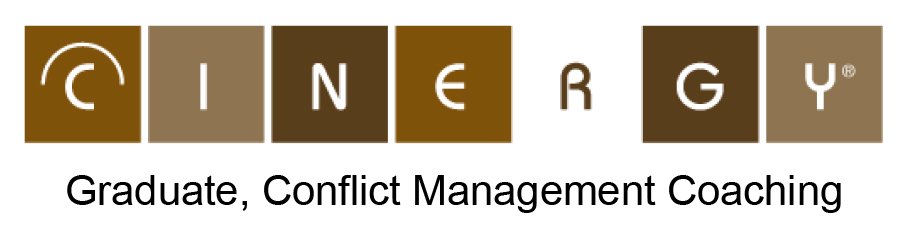 The logo of CINE R G Y in different shades of brown with the slogan "Graduate, Conflict Management Coaching" underneath.