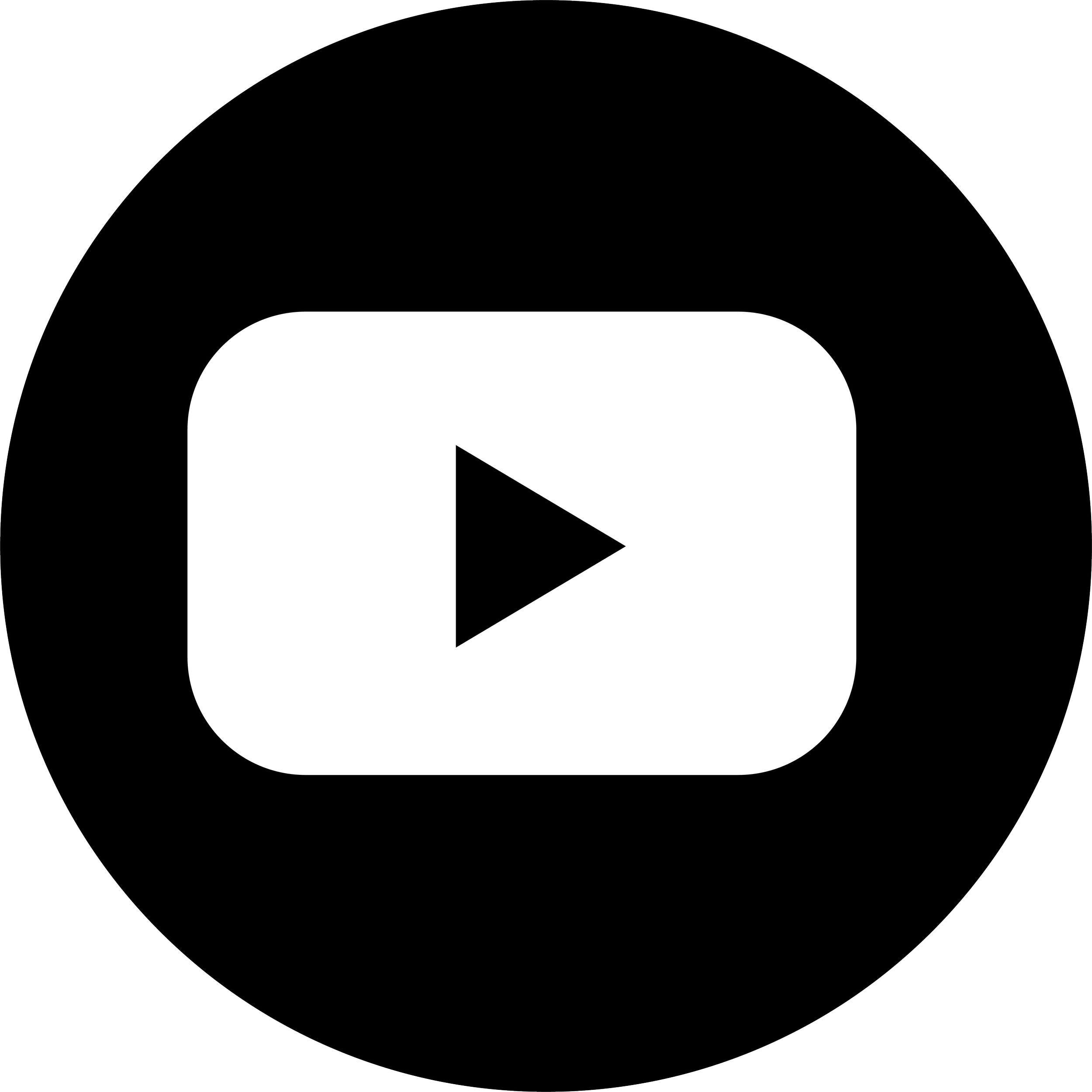 Play button icon within a white rectangle on a black circular background.