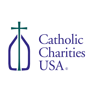 Logo of Catholic Charities USA with a stylized cross and church outline in blue and green, alongside the organization's name.