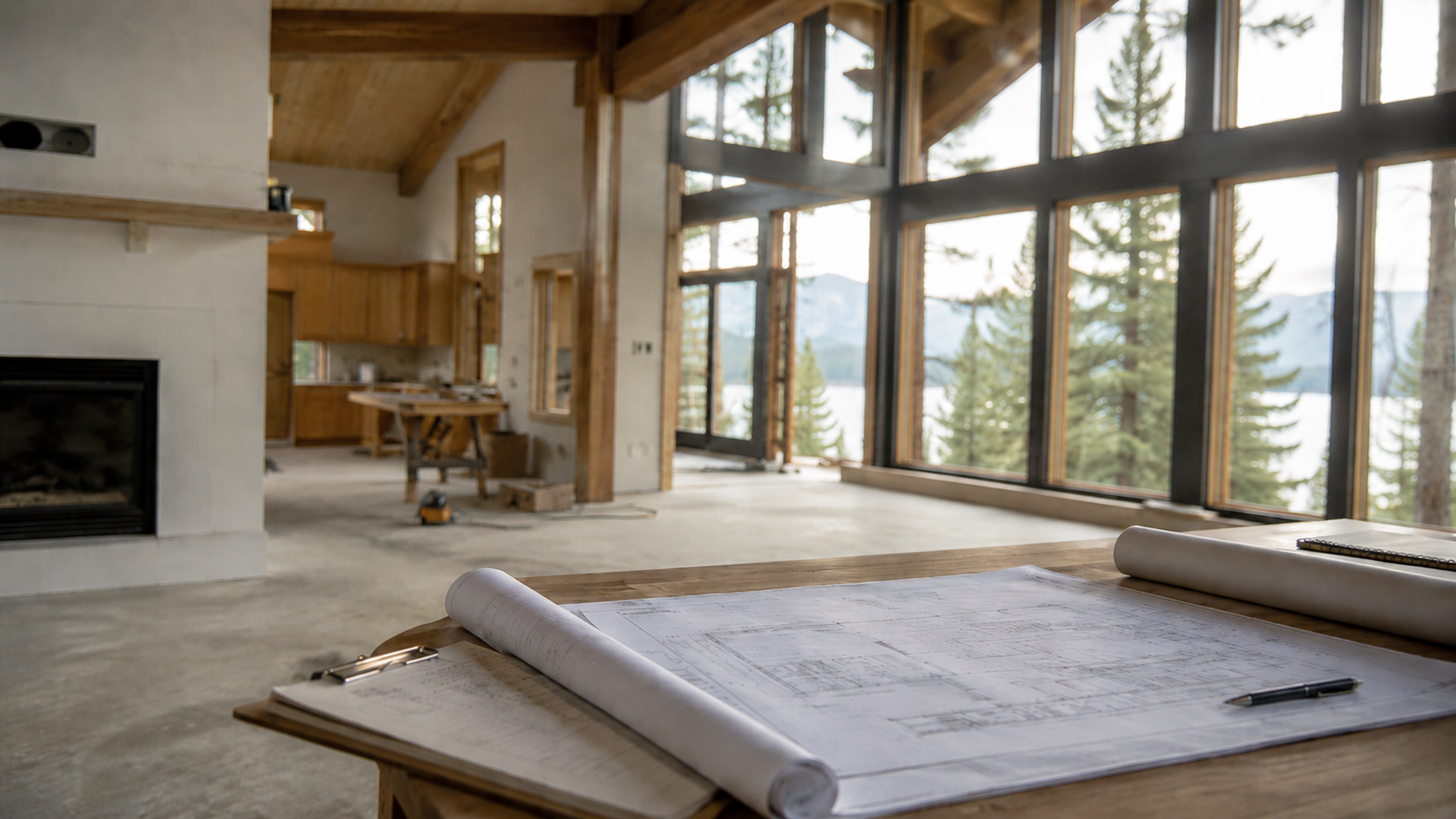 Interior of a modern house under construction with large windows, wooden accents, and construction plans on a table in the foreground.