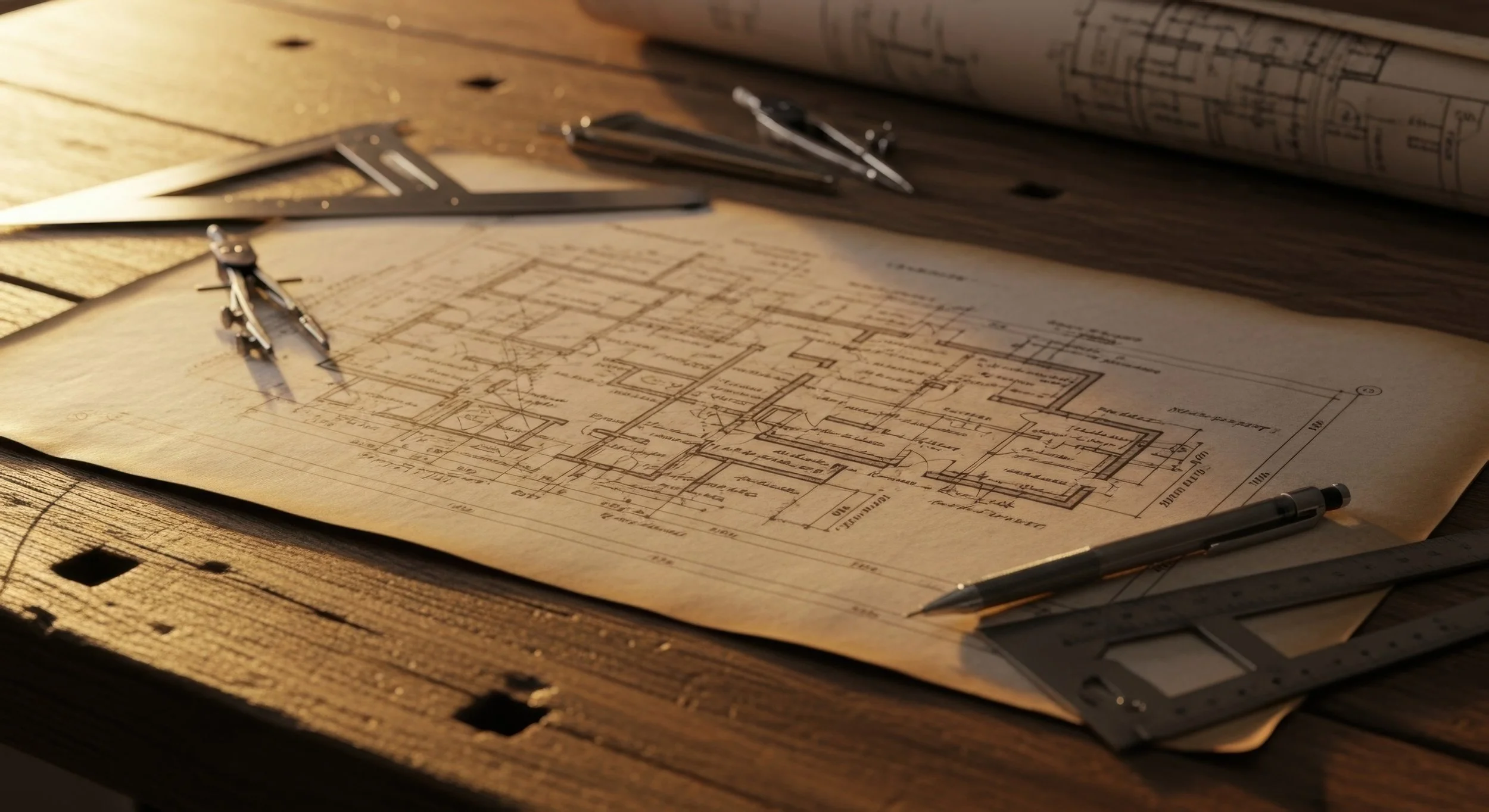 Construction blueprints and drafting tools for custom home planning