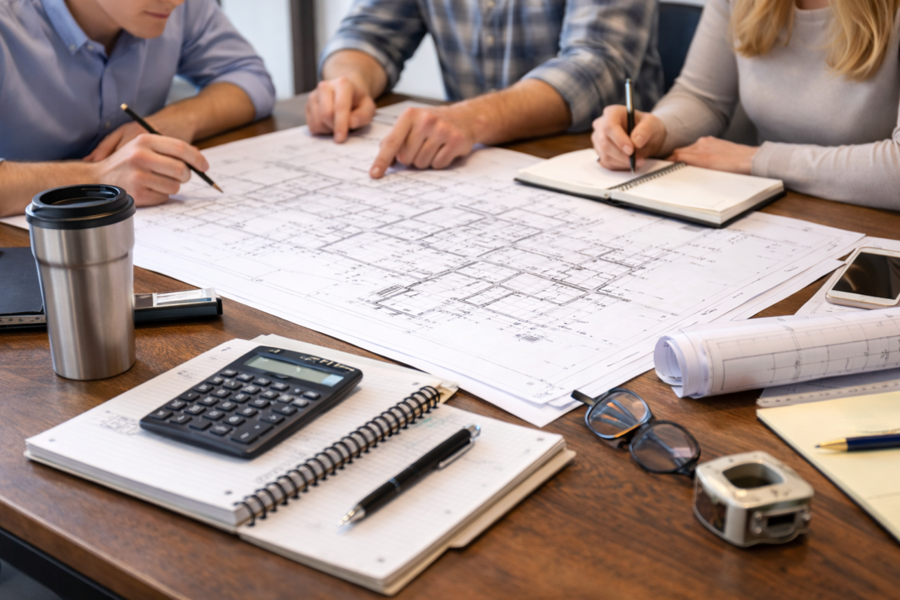 People discussing architectural blueprints at a desk with notebooks, pens, calculator, glasses, smartphone, and rolled plans.