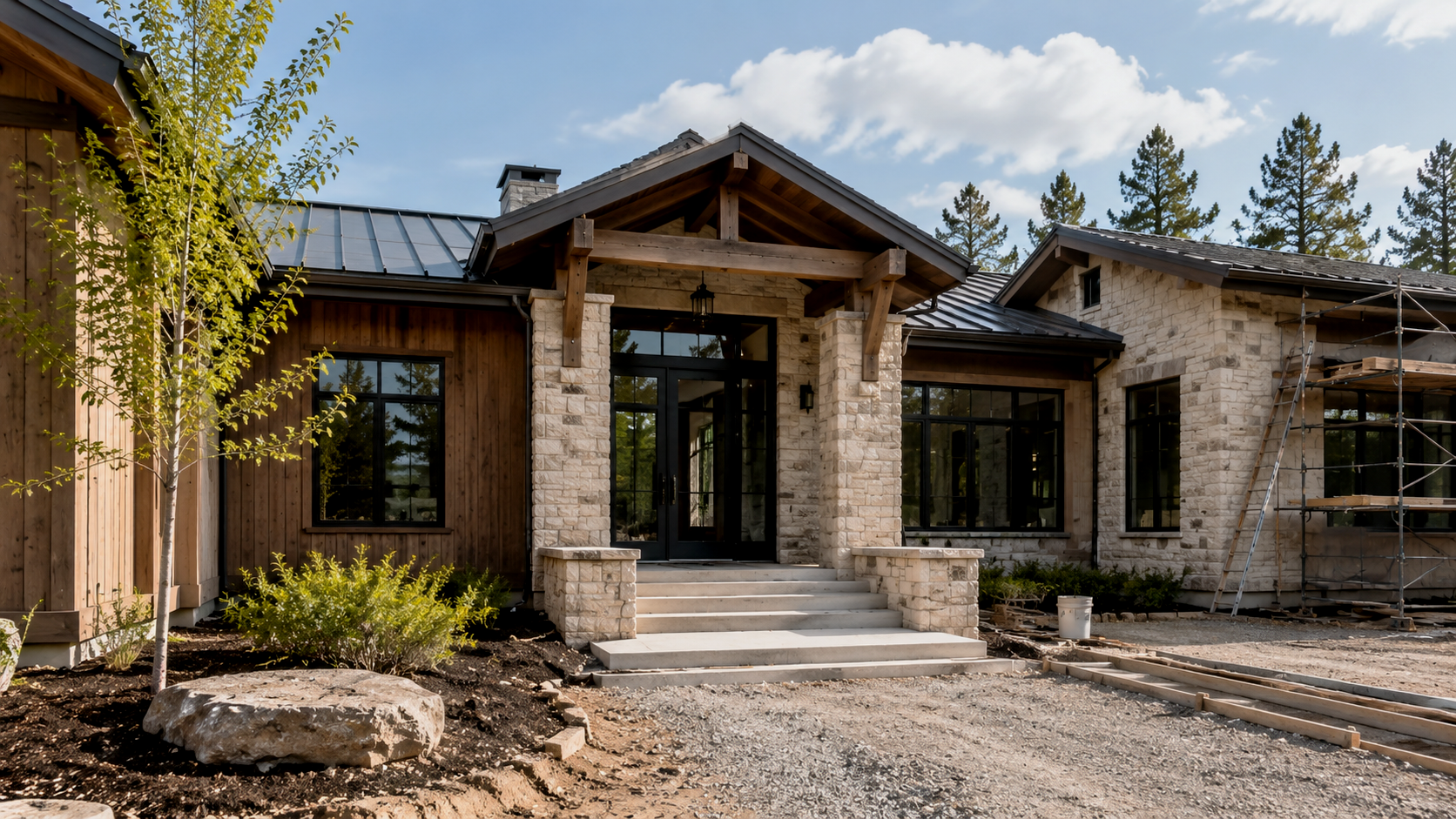 Front view of a house under construction with stone, wood, and metal roof, featuring a covered porch with steps, surrounded by new landscaping and construction materials.