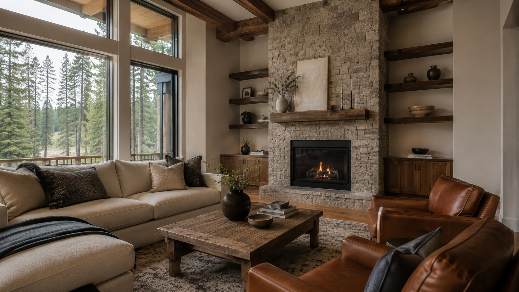 Living room with large windows showing trees outside, a fireplace with a stone surround, beige sofa with dark and light throw pillows, brown leather armchairs, a wooden coffee table with decor, and built-in shelves with vases and bowls.