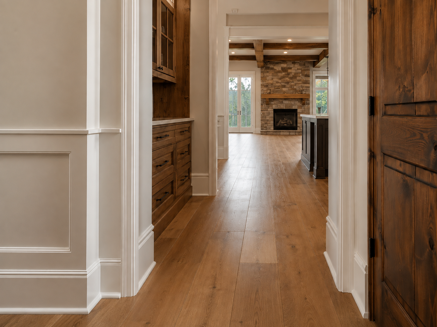 View from a hallway into a living room with a stone fireplace and a ceiling with wooden beams, large windows, and glass doors.
