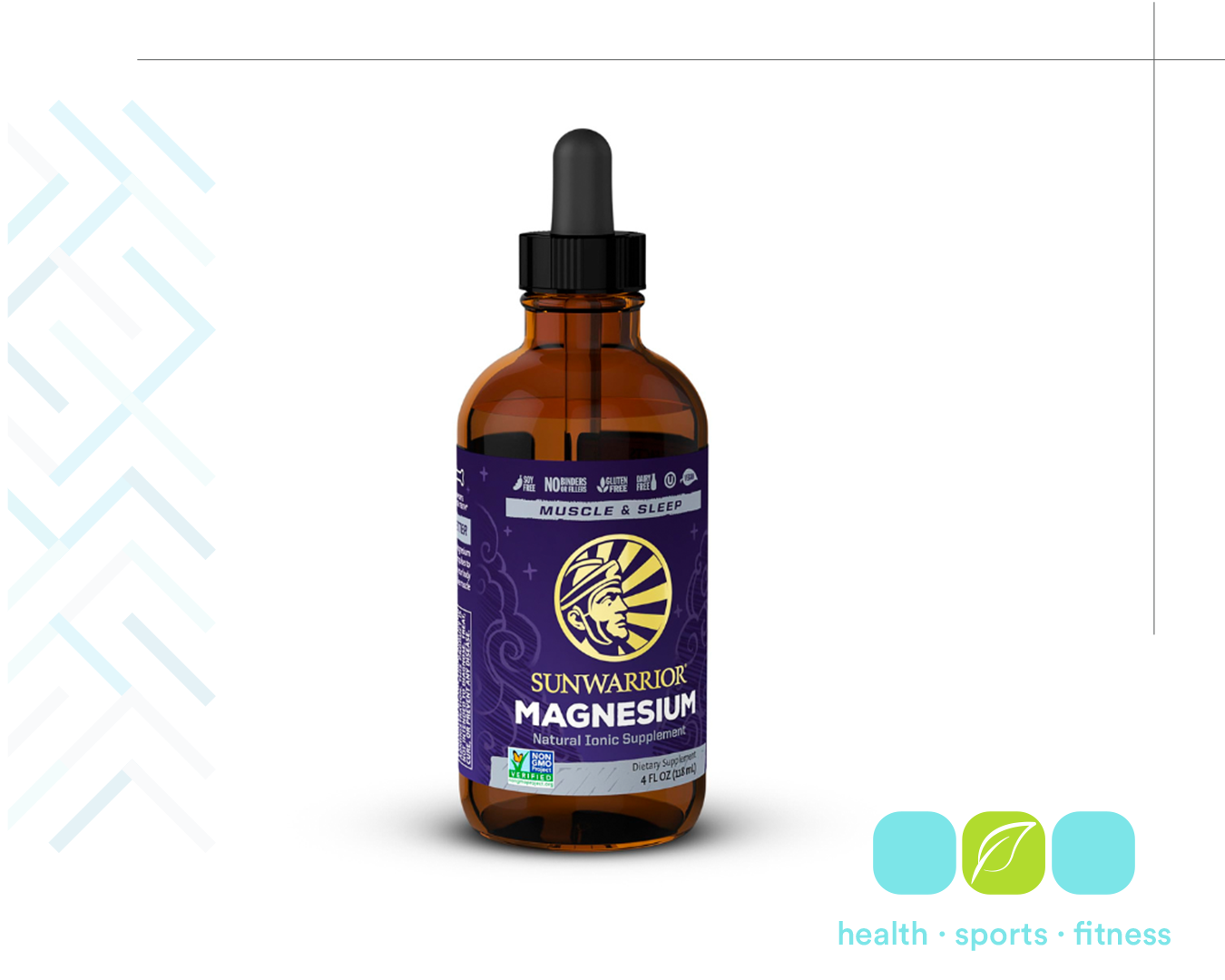 A brown glass dropper bottle labeled Sunwarrior Magnesium, a natural ionic supplement for muscle and sleep, with non-GMO and gluten-free symbols on the label.