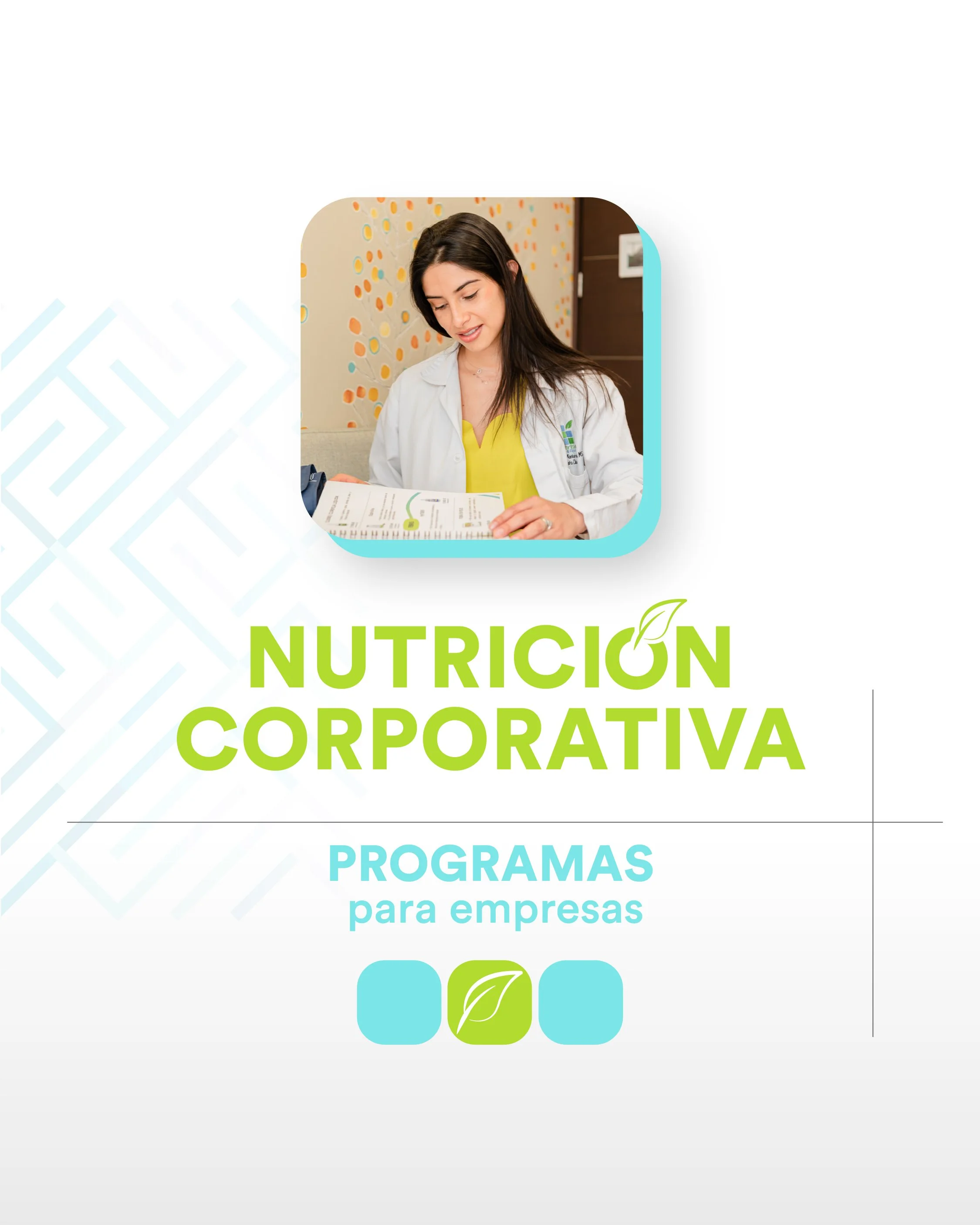 A woman reading a pamphlet or brochure in a professional environment, with a background featuring a colorful dotted pattern and a wooden door.