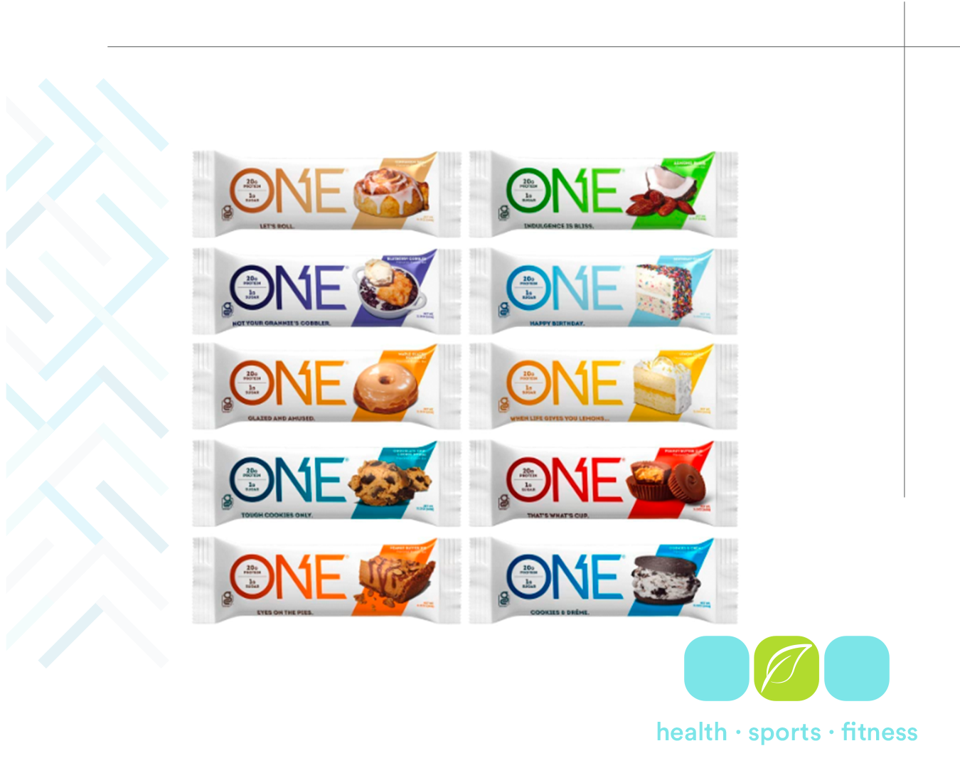 Collection of ten different flavors of ONE brand protein or snack bars, each with distinct colorful packaging and images of the related treats, arranged in five rows of two bars each.