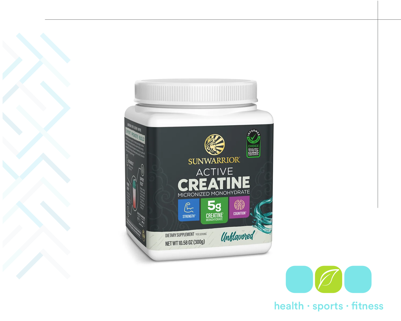 Bottle of Sunwarrior Active Creatine Micronized Monohydrate dietary supplement, unflavored, with black label, indicating 5 grams of creatine per serving, and featuring icons for strength and cognition.