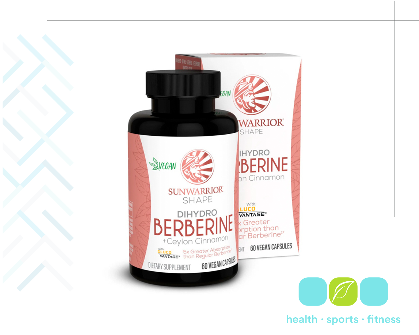 Bottle of Sunwarrior vegan Dihydro Berberine supplement with Ceylon cinnamon in front of its box, both labeled with brand and supplement information, on a white background.