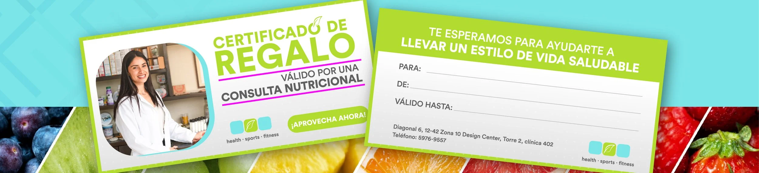 Gift certificate for a nutritional consultation with a woman in a white lab coat inside a health center, surrounded by images of berries, kiwi, orange, and strawberry. Certificado de regalo D´Nutrition GT