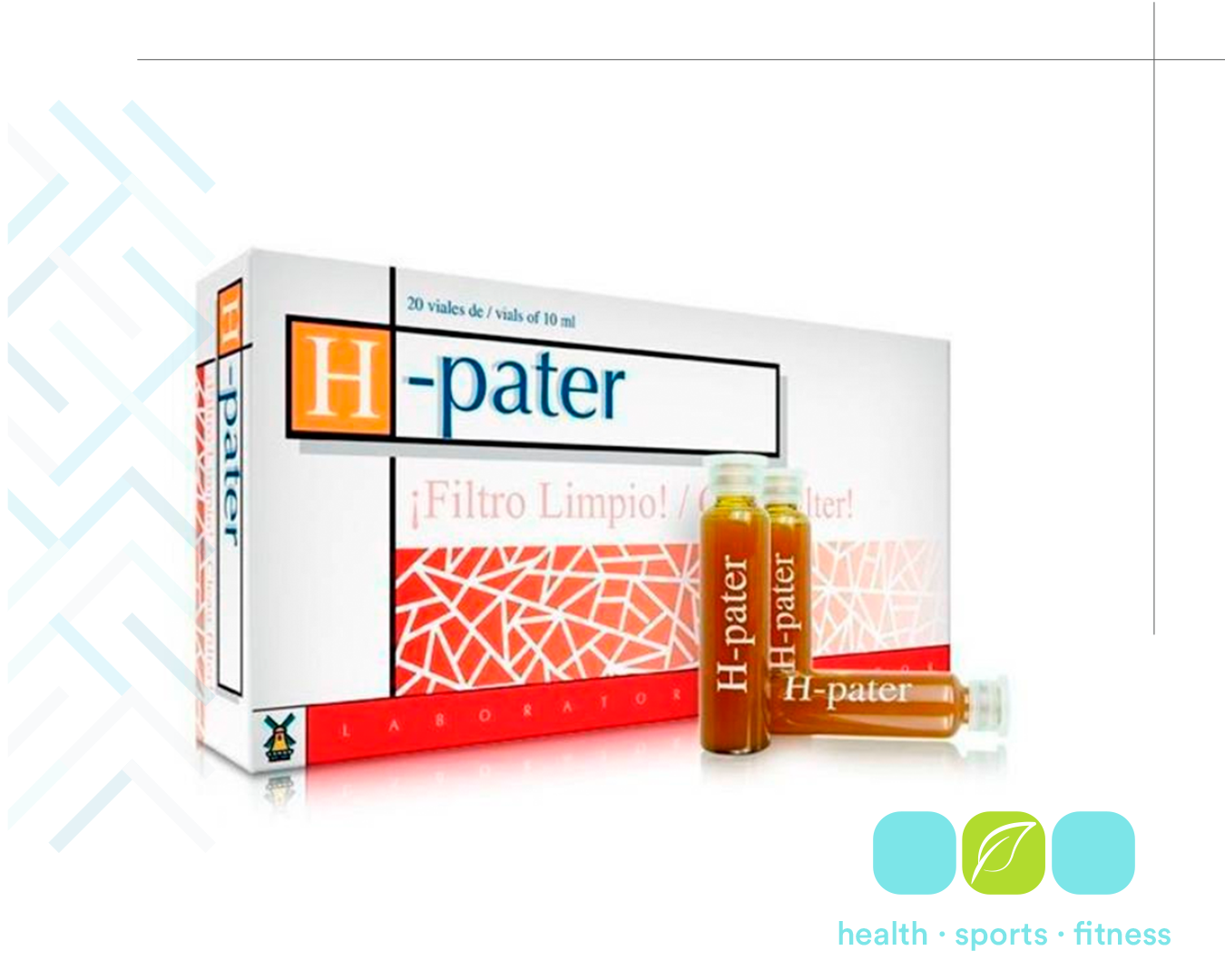 A box of H-pater supplements with three small vials in front, labeled H-pater, on a white background. The box has a white, red, and blue design.