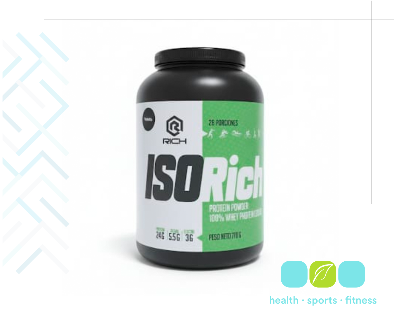 A black container of ISO RICH protein powder with a green and white label, showing nutritional information and flavor details.