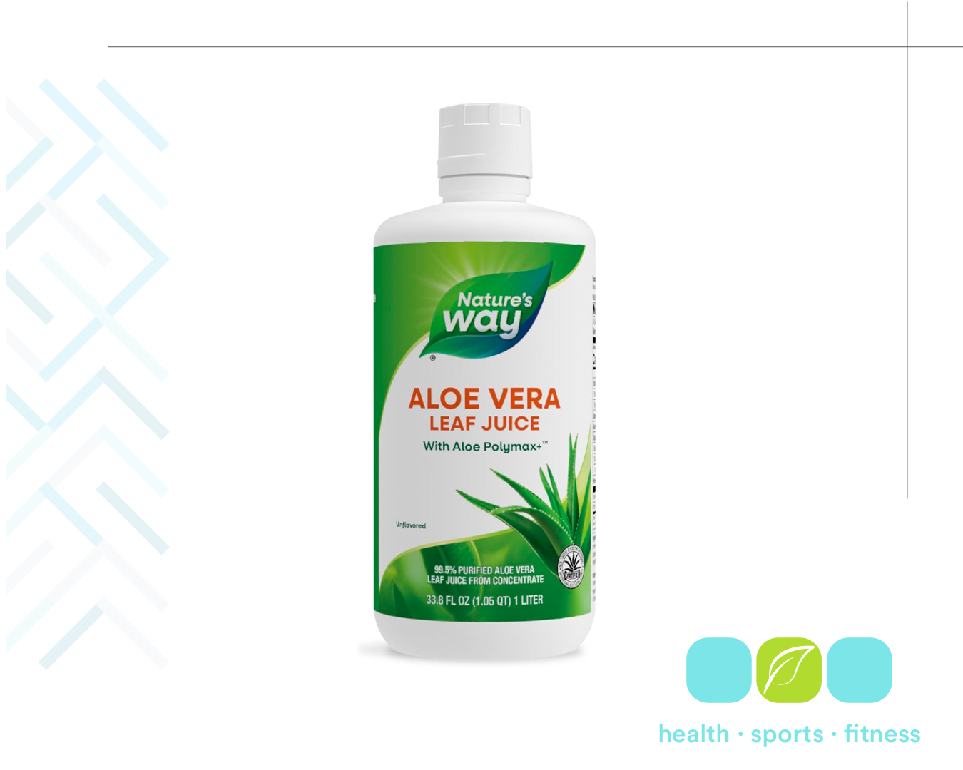 A white bottle of Nature's Way Aloe Vera Leaf Juice with green label, aloe vera plant image, and brand logo.