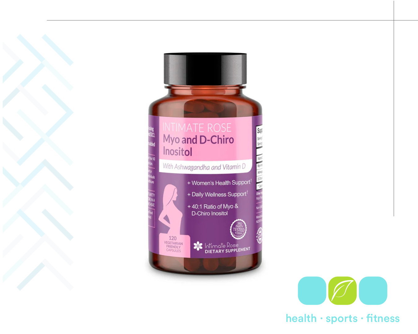Bottle of dietary supplement called Intimate Rose with pink and purple label, containing capsules, supporting women's health and wellness, with ingredients Myo and D-Chiro Inositol, Ashwagandha, and Vitamin D.