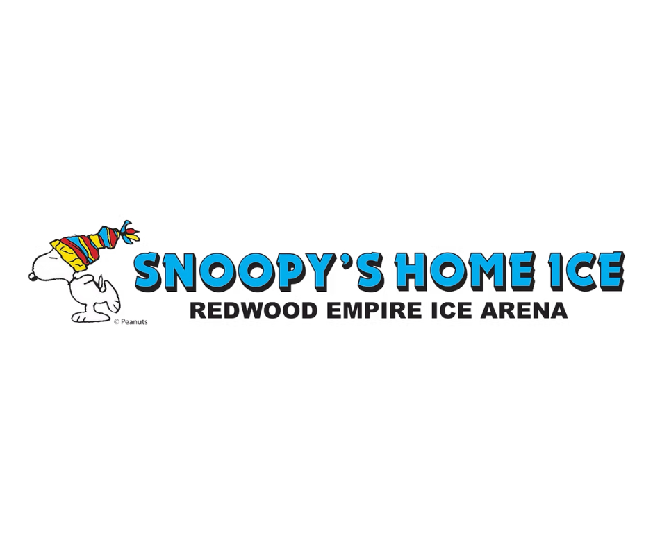 Logo for Snoopy's Home Ice at Redwood Empire Ice Arena, featuring Snoopy wearing a colorful scarf and hat