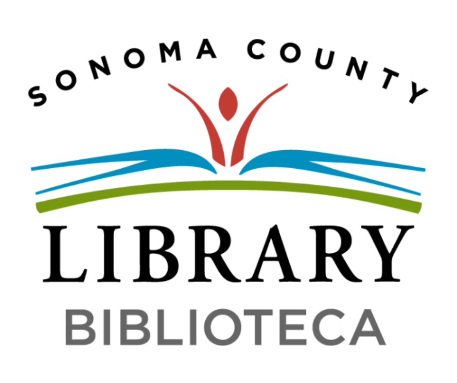 Sonoma County Library logo featuring an open book with blue and green lines and a red stylized figure, with text 'Sonoma County Library' and 'Biblioteca'.