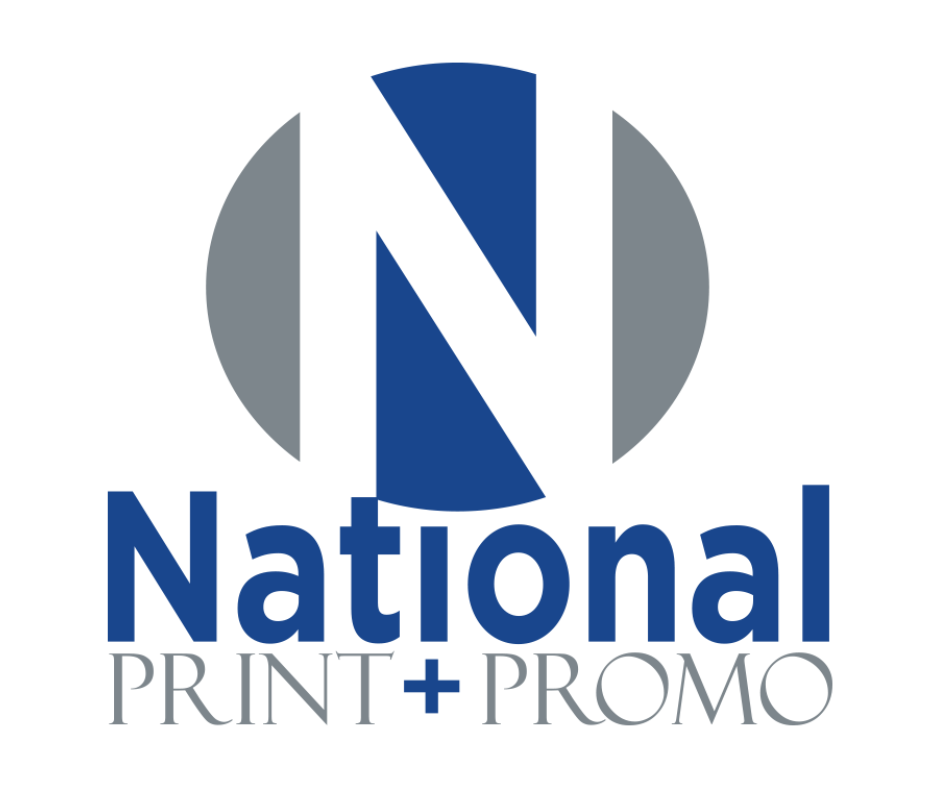 Logo with a large stylized letter 'N' in blue inside a gray circle, with 'National Print + Promo' written below in blue and gray text.