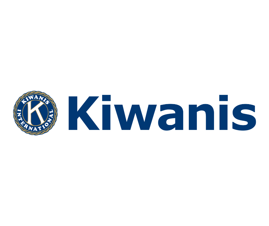 Kiwanis International logo with a blue and gold emblem and the word 'Kiwanis' in bold blue letters.