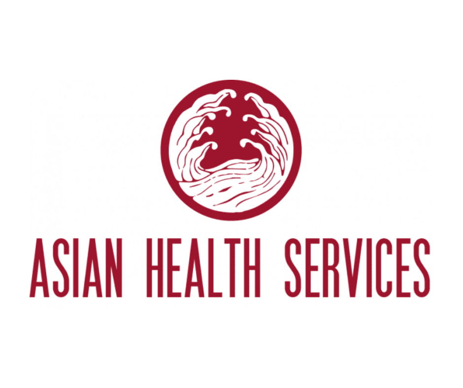 Logo with a circular graphic of waves and the text 'Asian Health Services' underneath.