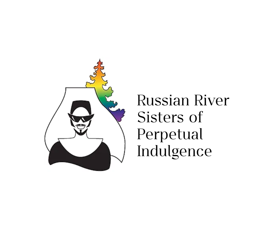 Logo featuring a stylized black and white illustration of a woman with sunglasses and a gold crown, with a rainbow-colored tree behind her, and the text 'Russian River Sisters of Perpetual Indulgence'