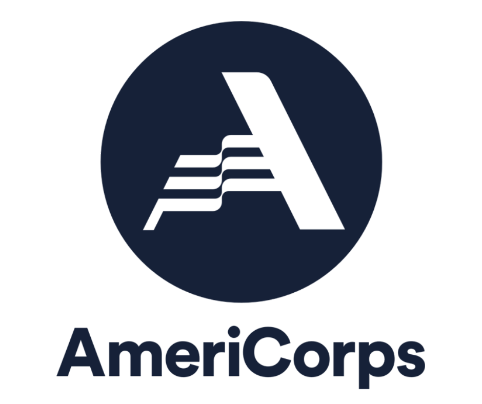 A navy blue circle logo with a stylized white letter A and staircase design, and the text 'AmeriCorps' below.