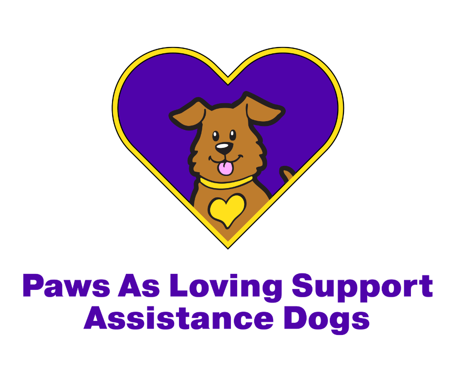 A cartoon illustration of a happy dog with a heart on its chest inside a purple heart shape with a yellow outline, with text below that reads "Paws As Loving Support Assistance Dogs" in purple font.