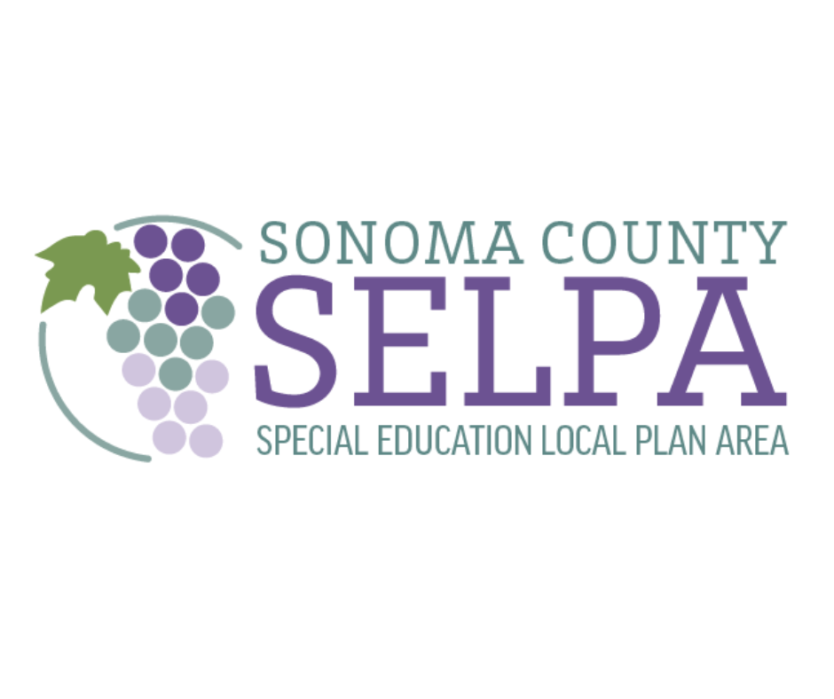 Logo for Sonoma County SELPA, featuring a cluster of grapes and a green grape leaf, with text indicating it is a special education local plan area.