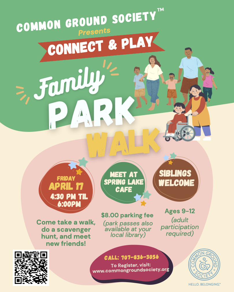 Flyer for Common Ground Society's Family Park Walk event with illustrated family walking, details about date, time, location, fee, and registration information.