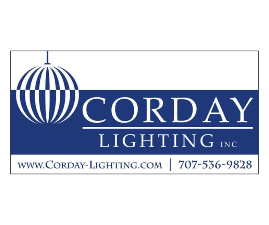 Log to Corday Lighting Inc with logo of hanging globe and website, phone number.