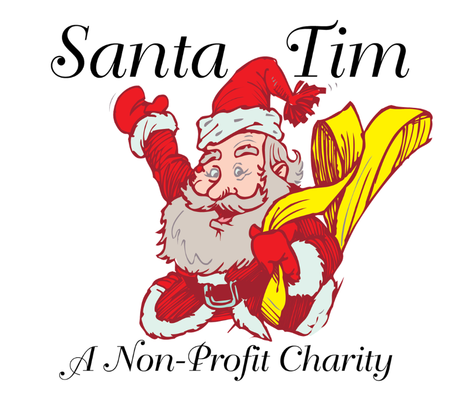Illustration of Santa Claus carrying a large yellow gift bag, with text reading 'Santa Tim' at the top and 'A Non-Profit Charity' at the bottom.